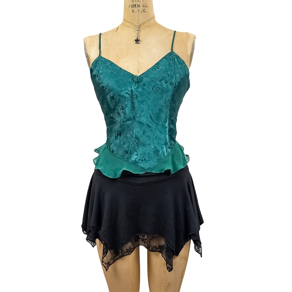 Vintage Victorias Secret Cami‎ Slip Coquette Teal Jacquard Lace Ruffle Hem 90s M
